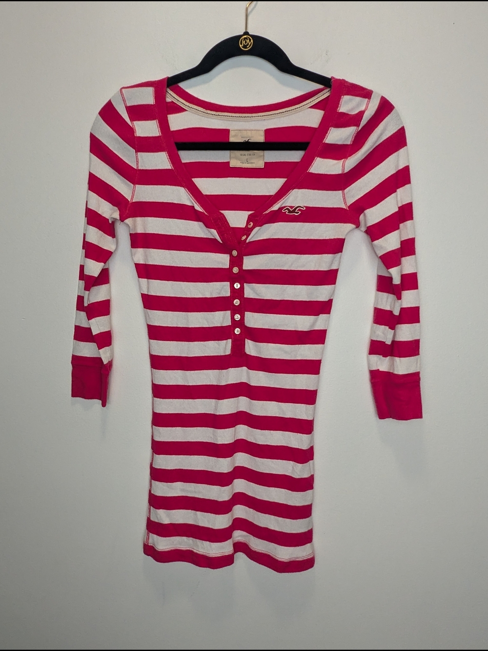 Hollister Juniors Pink White Striped So Cal Henley Long Shirt Juniors Large Y2K